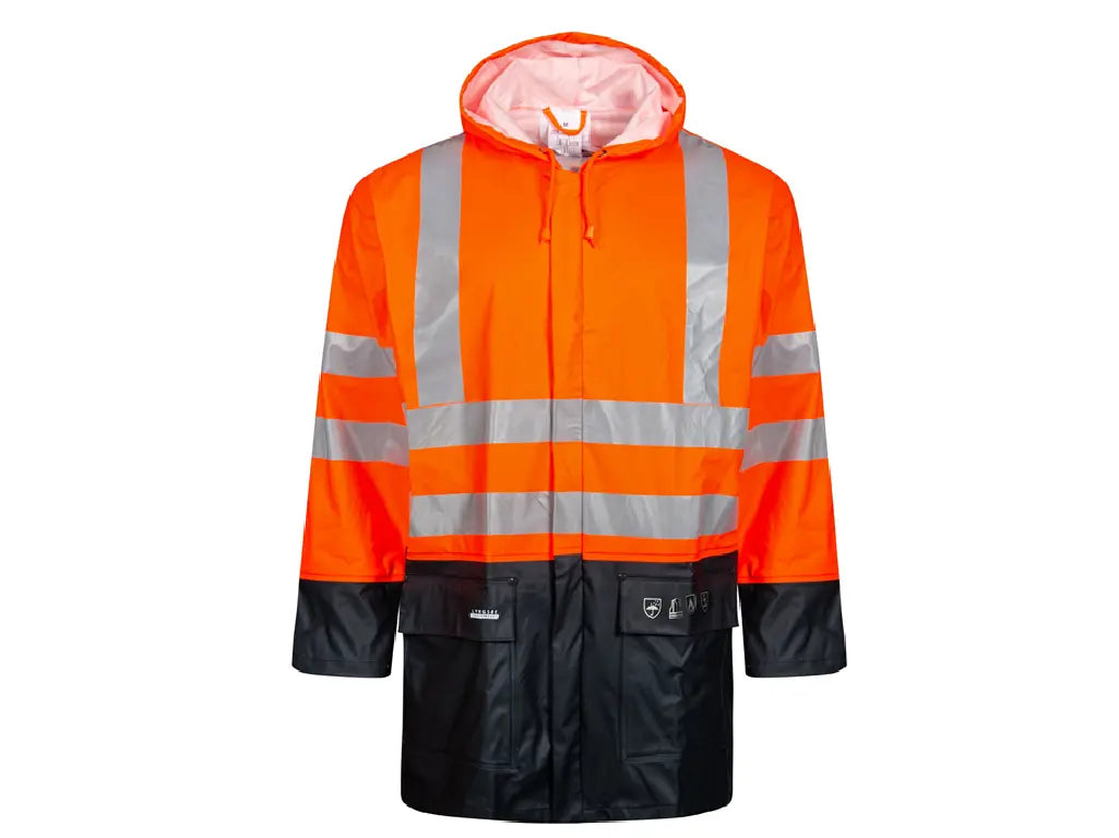 Giacca antipioggia Arancio alta visibilità bi-colore PU >20.000 mm con cappuccio a scomparsa – PWSTORE