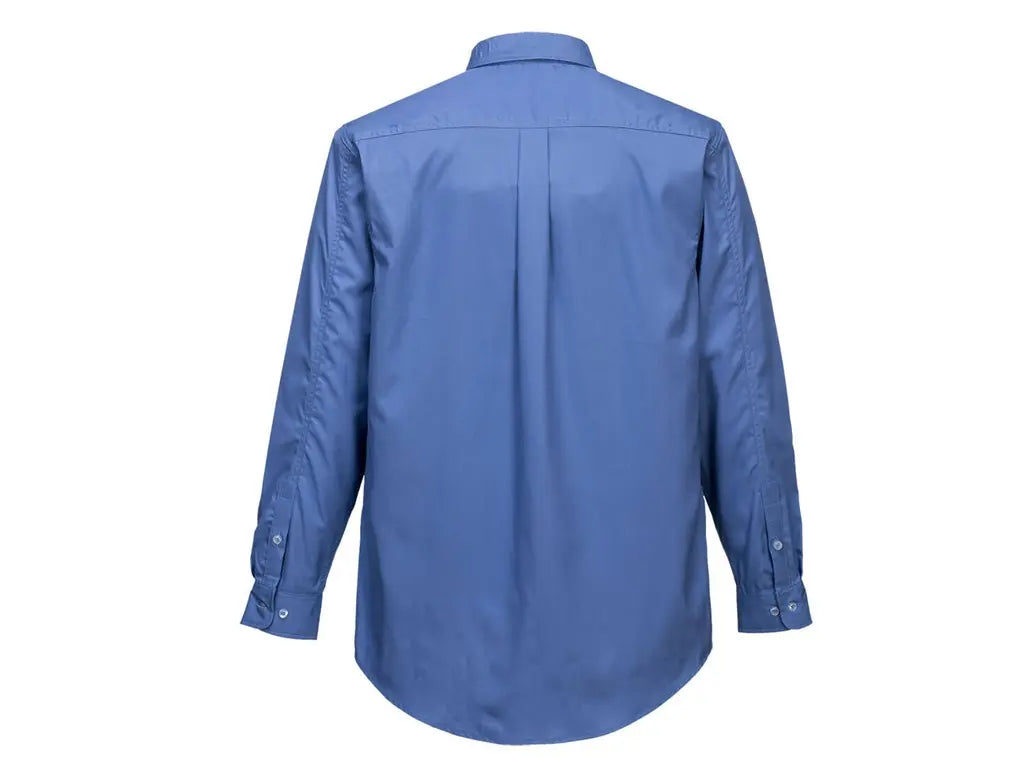 Camicia ignifuga Bizflame Plus FR69 blu con bottoni nascosti e tasche al petto, vista posteriore – PWSTORE