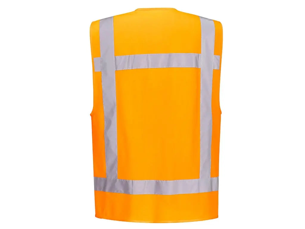 Gilet HV arancio con porta badge e chiusura zip conforme EN ISO 20471