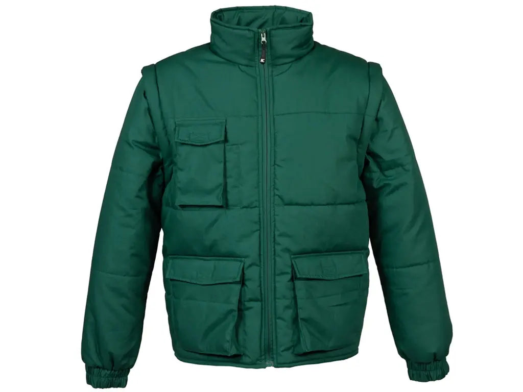 Giubbotto da lavoro Alabama verde con maniche staccabili, imbottito e multitasche, vista frontale.