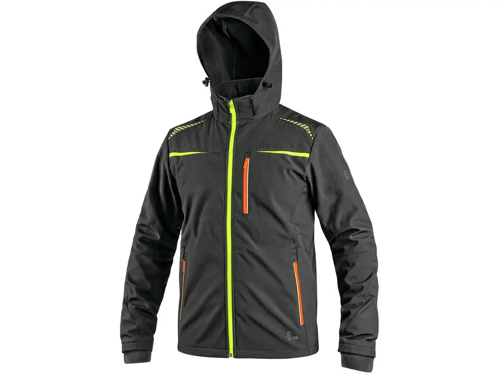 Giubbotto da lavoro NORFOLK softshell, impermeabile 8.000 mm, antivento, con cappuccio staccabile e inserti riflettenti. Nero/Giallo