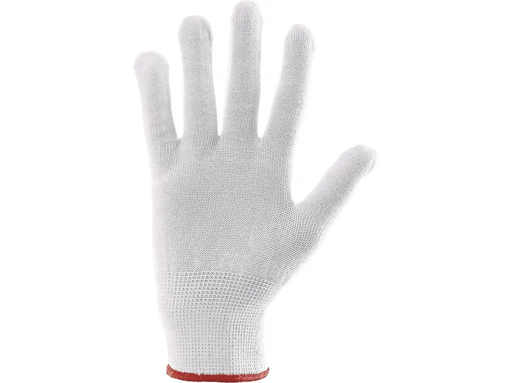 Guanto SAWA in maglia nylon bianco senza cuciture con polsino elastico – Cat. I, EN 388, EN ISO 21420 , vista palmo – PWSTOR