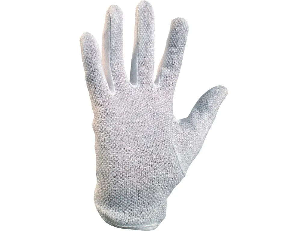 Guanti MAWA bianchi in tessuto di cotone con puntinatura PVC e polsino elastico, vista palmo – fourchette – Cat. I EN ISO 21420 – PWSTORE