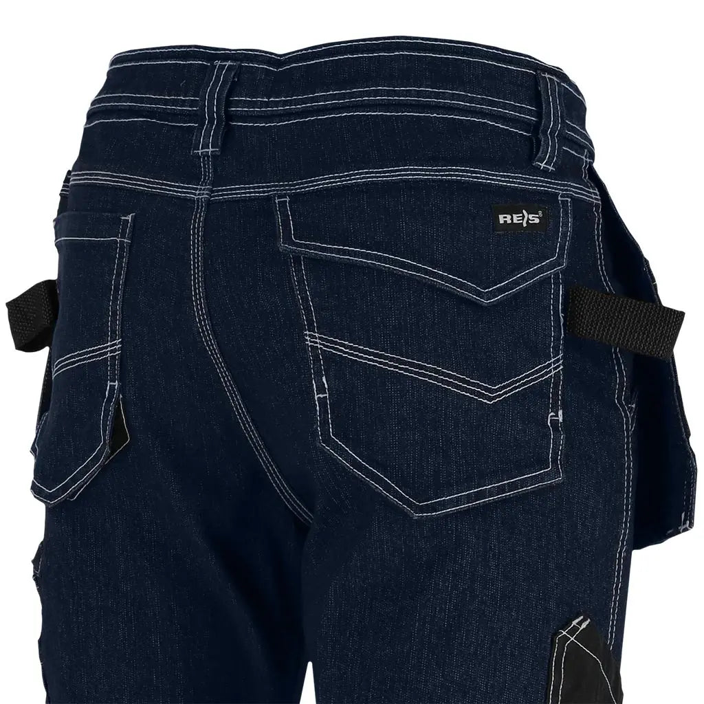 vista posteriore dei Jeans da lavoro uomo in denim stretch multitasche, tasche porta attrezzi. Comodi e resistenti per uso professionale.