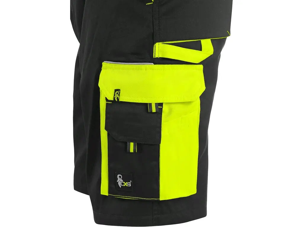 Dettaglio tasche multifunzione dei pantaloncini da lavoro Sirius Nero Giallo