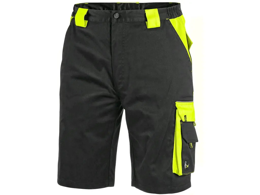 Vista frontale dei pantaloncini da lavoro estivi modello Sirius colore nero/giallo