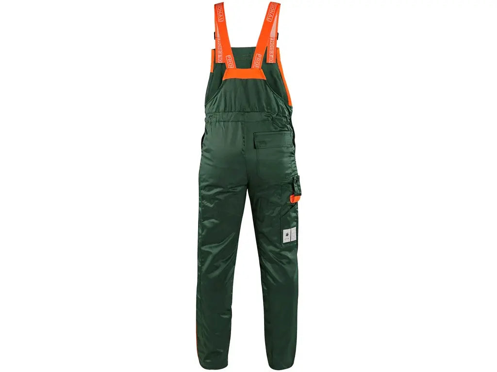 Salopette antitaglio LESNÍK EN ISO 11393-2 Classe 1 – 20 m/s verde arancione, vista posteriore – PWSTORE