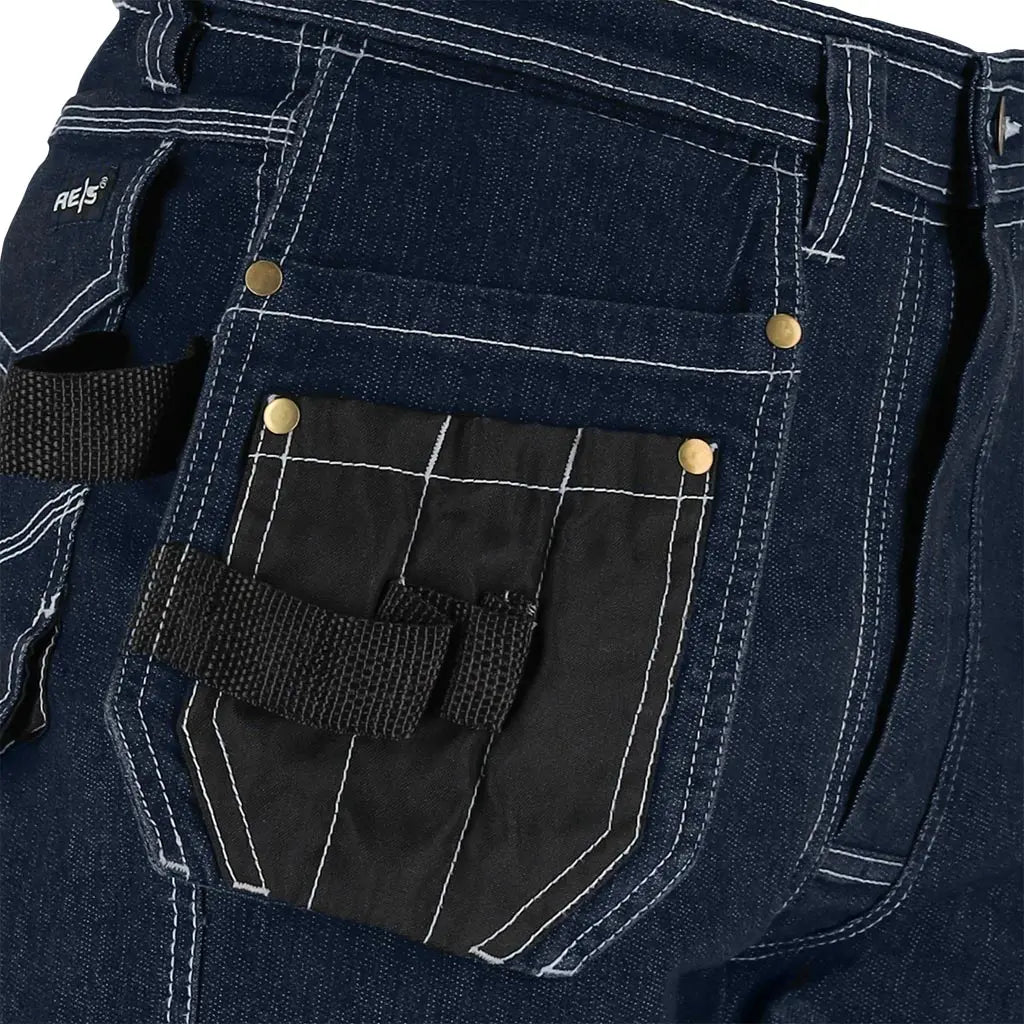 dettagli dei Jeans da lavoro uomo in denim stretch multitasche. Comodi e resistenti per uso professionale.