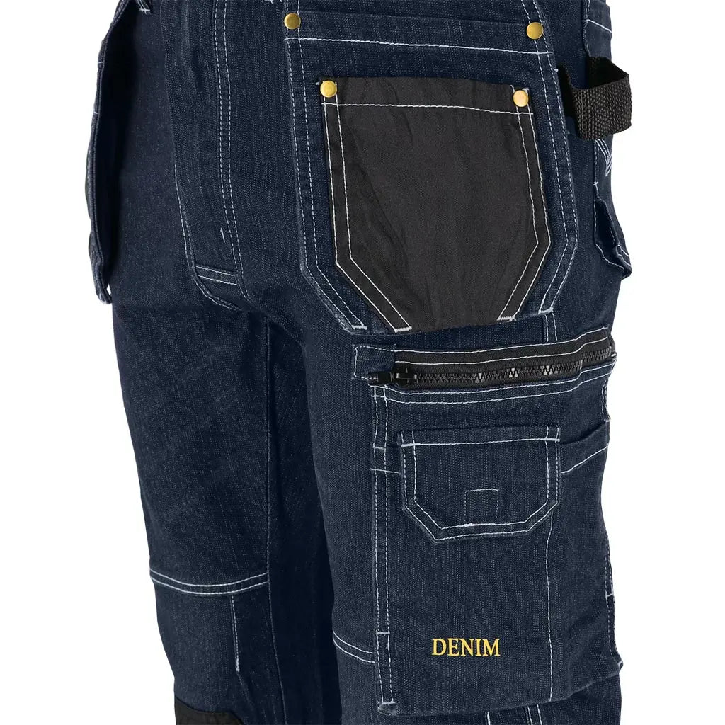 Jeans da lavoro uomo in denim stretch multitasche, tasche rinforzate porta attrezzi. Comodi e resistenti per uso professionale.