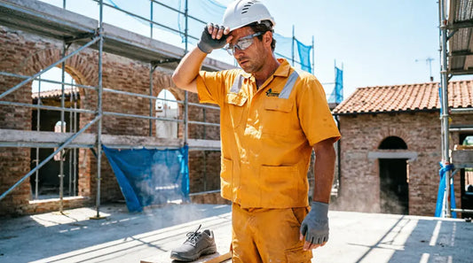 Lavoratore in cantiere con abbigliamento da lavoro estivo e DPI sotto il sole