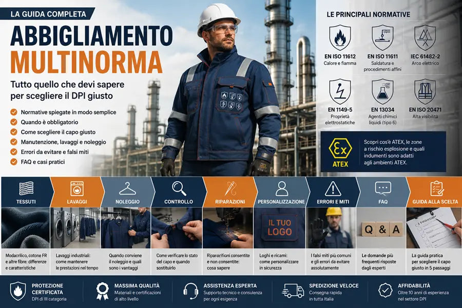 Guida completa all'abbigliamento Multinorma con operatore equipaggiato con DPI di III Categoria e principali normative EN ISO 11612, EN ISO 11611, IEC 61482-2, EN 1149-5, EN 13034 ed EN ISO 20471.