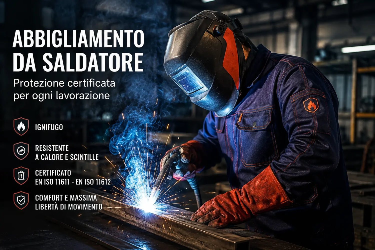 Saldatore al lavoro con abbigliamento da saldatore certificato EN ISO 11611 ed EN ISO 11612 durante un'operazione di saldatura industriale.