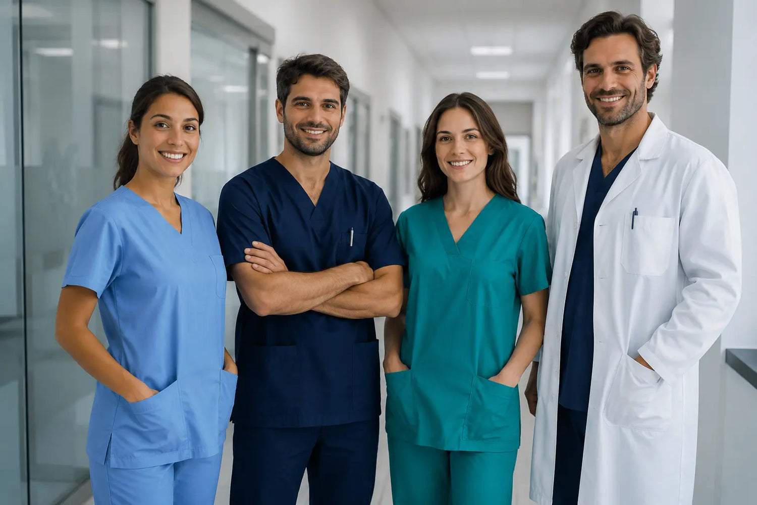 Team di medici e infermieri con abbigliamento sanitario professionale