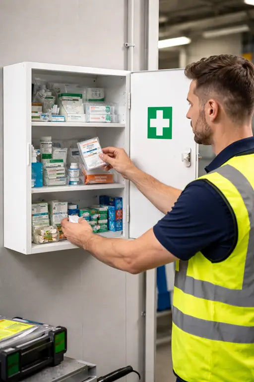 Addetto in azienda che utilizza una cassetta primo soccorso aziendale per prelevare materiale sanitario