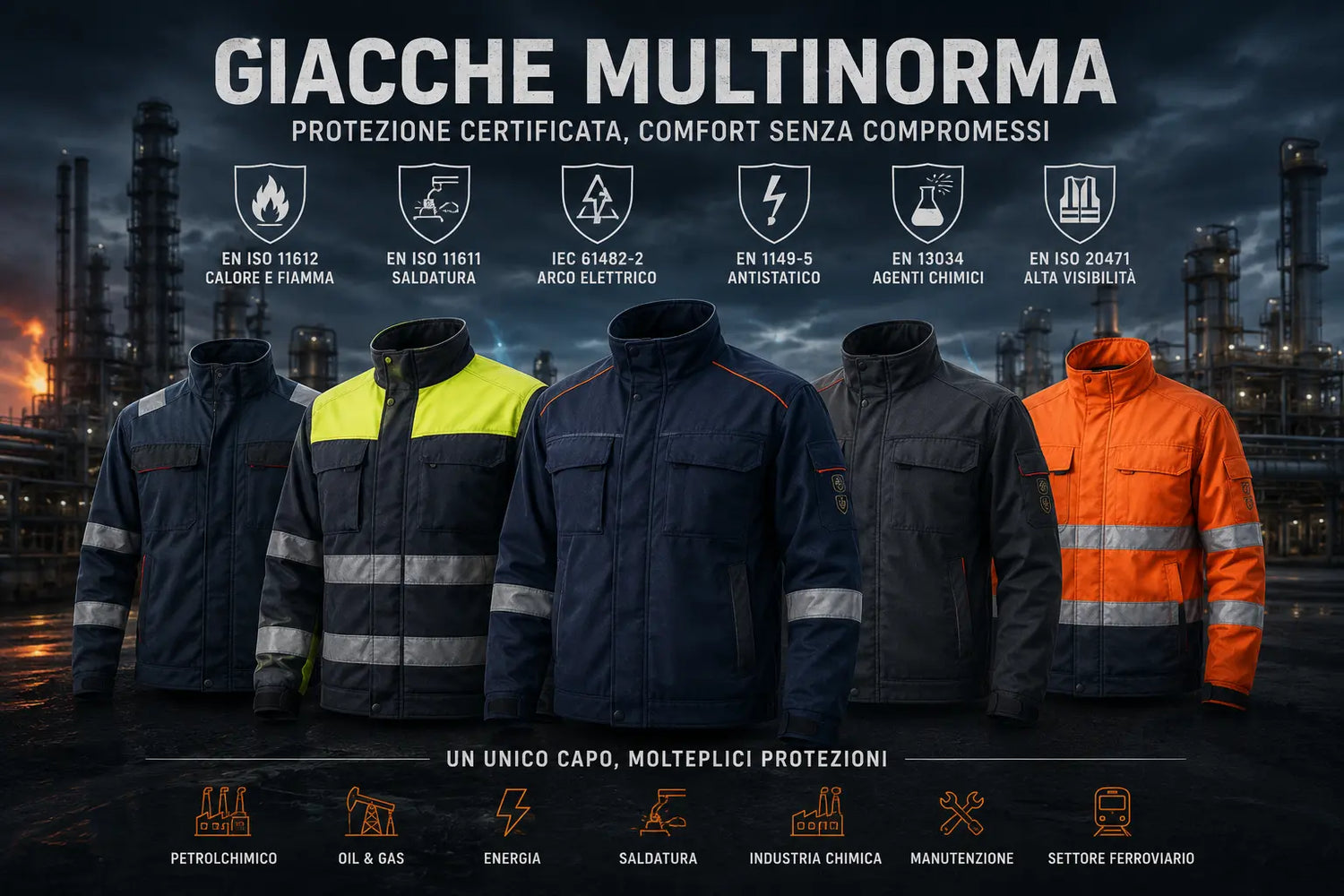 Collezione di giacche multinorma certificate per la protezione da calore, arco elettrico, saldatura, agenti chimici e cariche elettrostatiche.