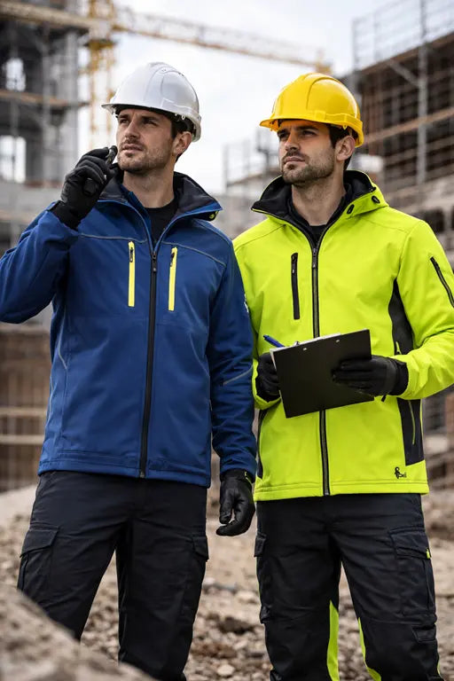 tecnici cantiere con giacche softshell da lavoro uomo antivento traspiranti abbigliamento tecnico