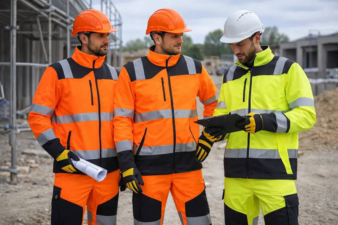 operai con abbigliamento alta visibilità arancione e giallo durante lavori in cantiere