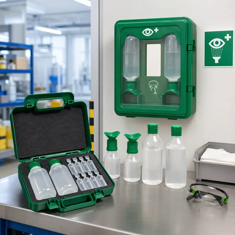 Kit lavaocchi e soluzioni oculari con flaconi, cassette e stazioni da parete per aziende e laboratori
