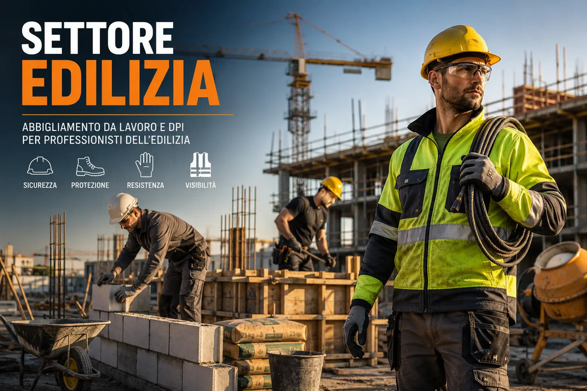 Operai al lavoro in un cantiere con abbigliamento da lavoro, scarpe antinfortunistiche, elmetti e DPI professionali per il settore edilizia.