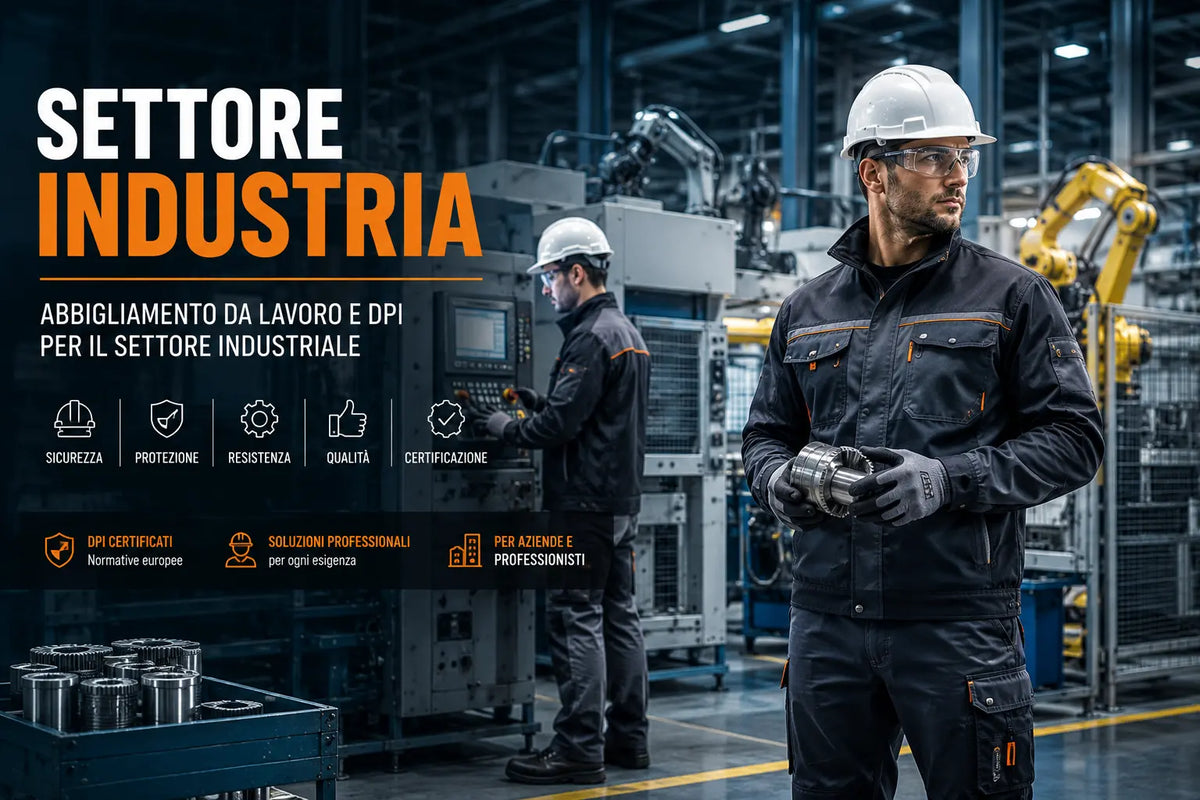 Operatori del settore industriale al lavoro in uno stabilimento produttivo con abbigliamento professionale, scarpe antinfortunistiche e DPI certificati.