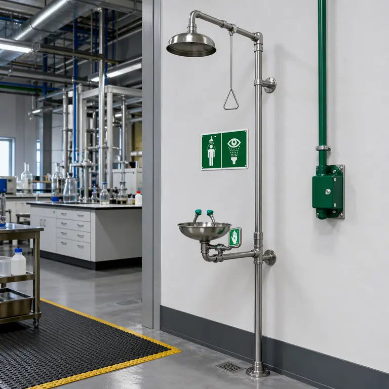 Stazioni lavaocchi e docce di emergenza fisse per aziende, laboratori e ambienti industriali
