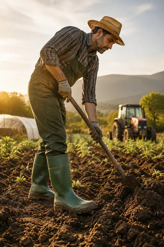Agricoltore al lavoro su un terreno umido con stivali in gomma impermeabili verdi, ideali per agricoltura, allevamento e giardinaggio.