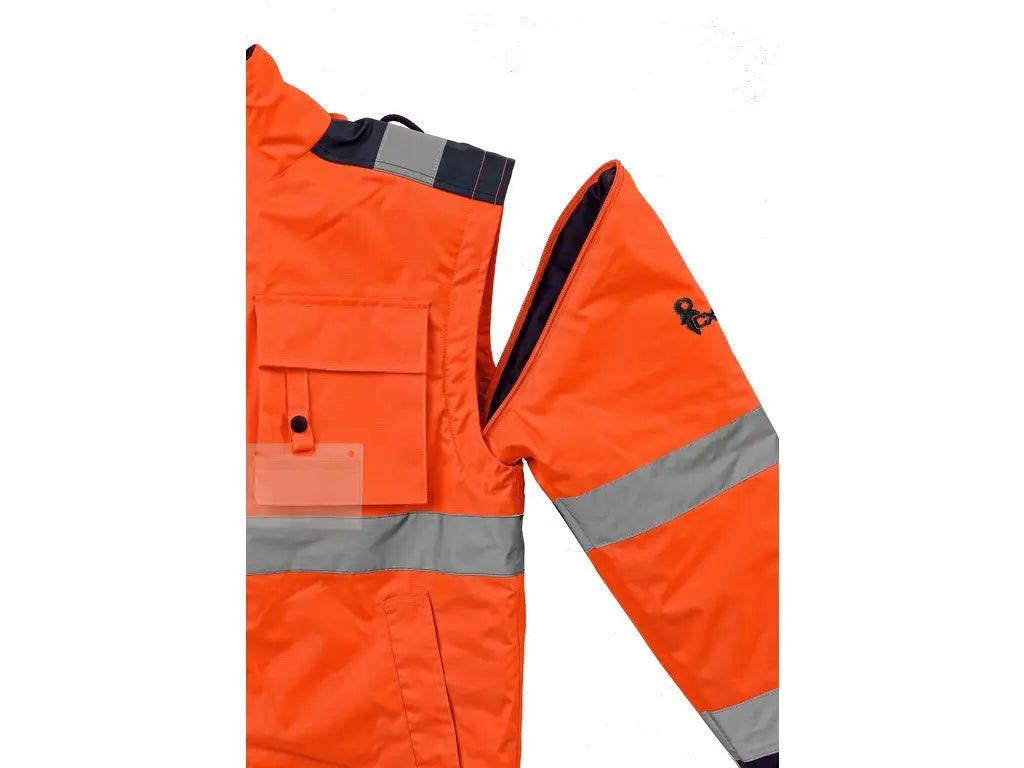 Blouson Alta Visibilità Luton 2 in 1, giacca/gilet imbottito, bande riflettenti, cappuccio retrattile, cuciture nastrate. Arancio-Blu. Dettagli