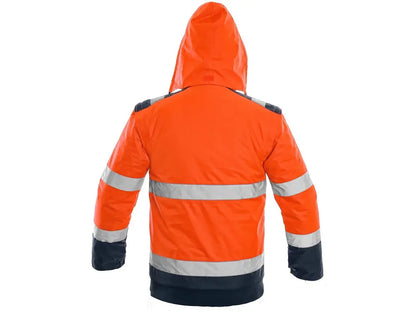 Blouson Alta Visibilità Luton 2 in 1, giacca/gilet imbottito, bande riflettenti, cappuccio retrattile, cuciture nastrate. Arancio-Blu. Vista posteriore