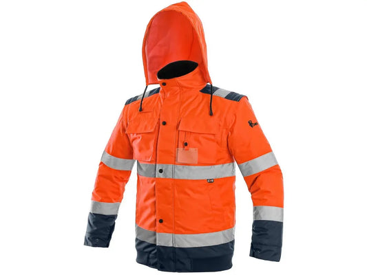 Blouson Alta Visibilità Luton 2 in 1, giacca/gilet imbottito, bande riflettenti, cappuccio retrattile, cuciture nastrate. Arancio-Blu