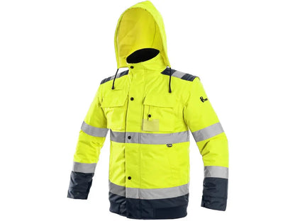Blouson Alta Visibilità Luton 2 in 1, giacca/gilet imbottito, bande riflettenti, cappuccio retrattile, cuciture nastrate. Giallo-Blu