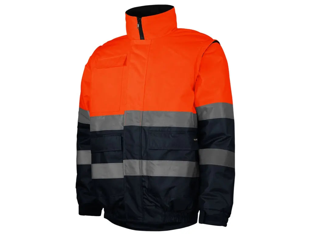 Blouson Alta Visibilità con maniche staccabili, giacca/gilet invernale, bande riflettenti cucite, tessuto Oxford 300D. Arancio-Blu