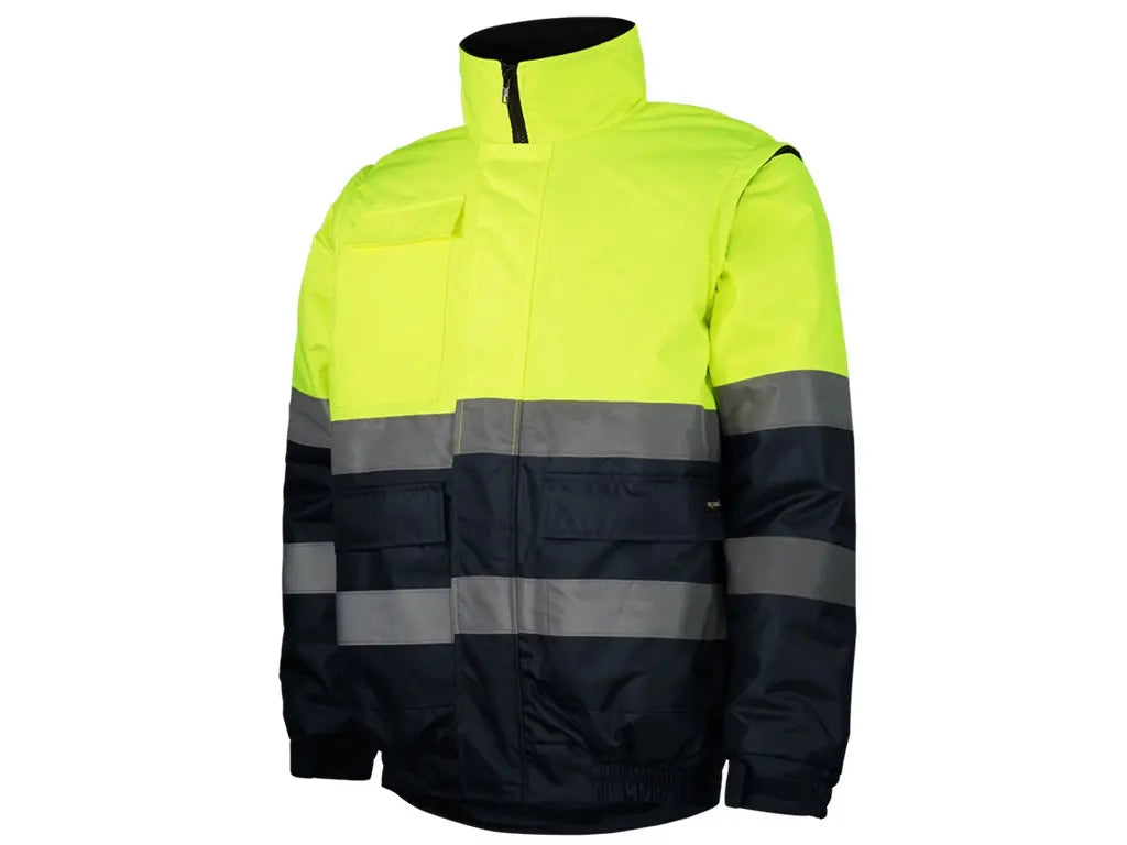 Blouson Alta Visibilità con maniche staccabili, giacca/gilet invernale, bande riflettenti cucite, tessuto Oxford 300D. Giallo-Blu