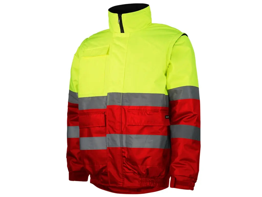 Blouson Alta Visibilità con maniche staccabili, giacca/gilet invernale, bande riflettenti cucite, tessuto Oxford 300D. Giallo-Rosso