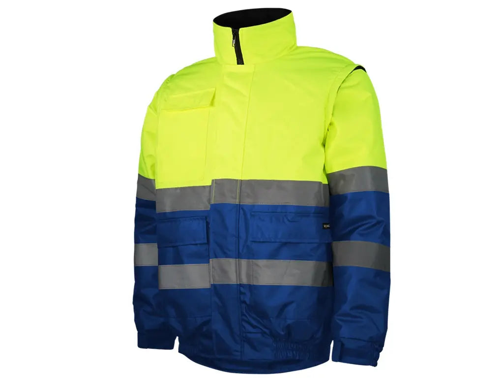 Blouson Alta Visibilità con maniche staccabili, giacca/gilet invernale, bande riflettenti cucite, tessuto Oxford 300D. Giallo-Royal