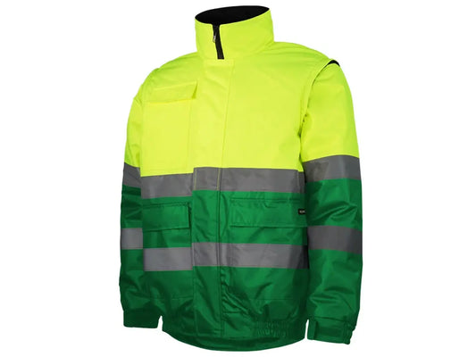 Blouson Alta Visibilità con maniche staccabili, giacca/gilet invernale, bande riflettenti cucite, tessuto Oxford 300D. Giallo-Verde