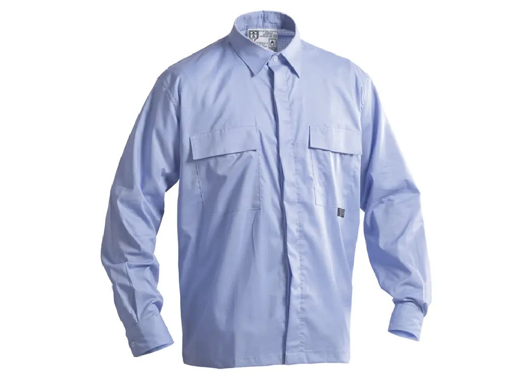 Camicia antistatica ignifuga azzurra 98% cotone 2% fibra di carbonio 130 g m2 bottoni ricoperti