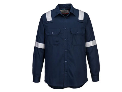 Camicia Multinorma Portwest FR720 blu navy con bande riflettenti, certificata ignifuga, antistatica, per saldatura e protezione da arco elettrico.