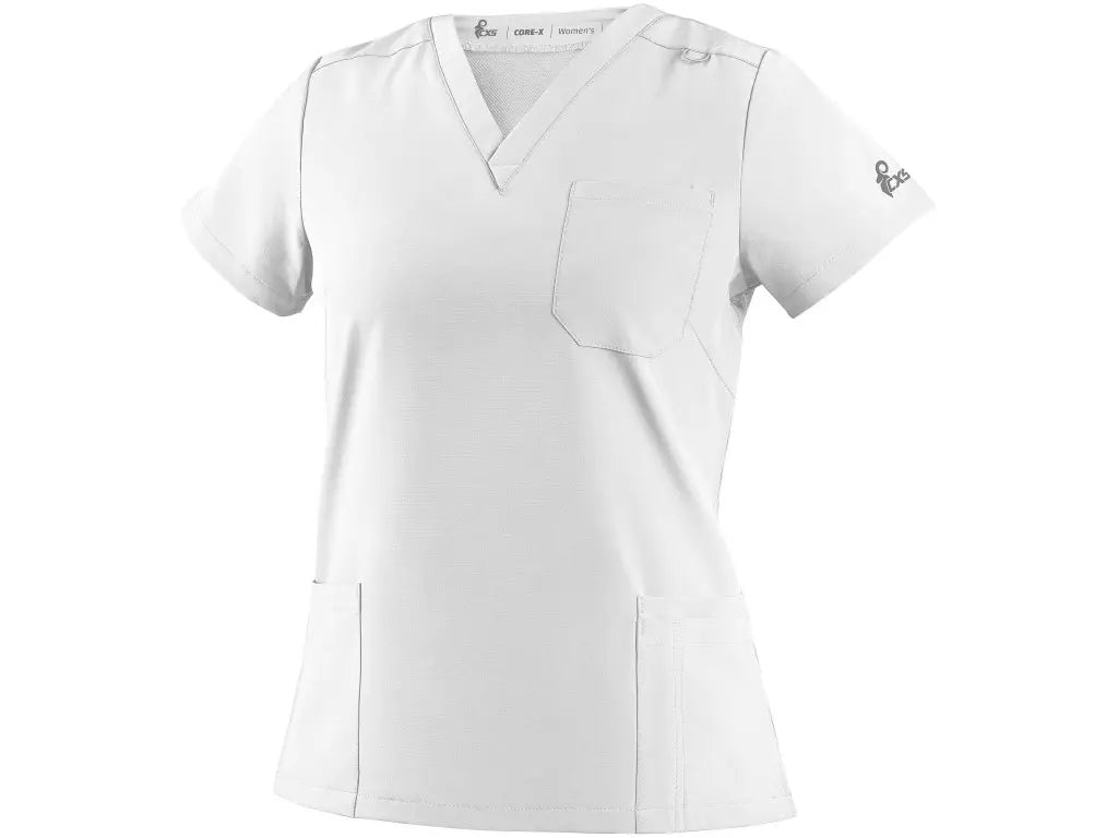 Casacca sanitaria donna CORE-X bianca in tessuto elasticizzato 4-Way Stretch con scollo a V e tasche funzionali - Vista frontale.