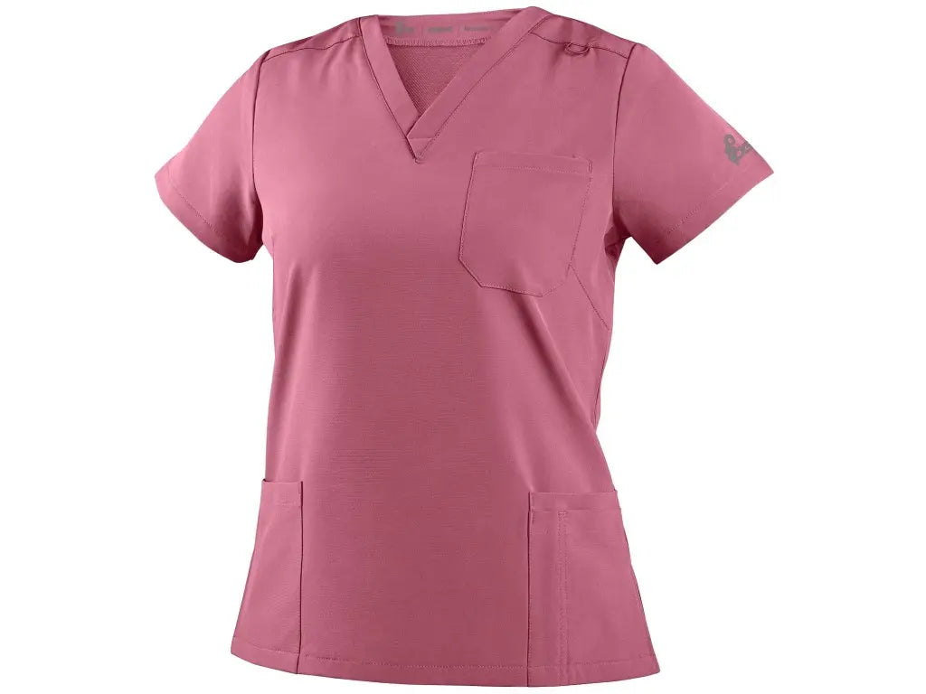 Casacca sanitaria donna CORE-X rosa in tessuto elasticizzato 4-Way Stretch con scollo a V e tasche funzionali - Vista frontale.