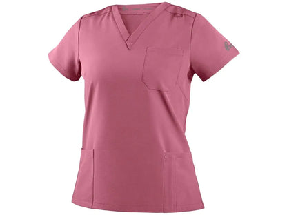 Casacca sanitaria donna CORE-X rosa in tessuto elasticizzato 4-Way Stretch con scollo a V e tasche funzionali - Vista frontale.