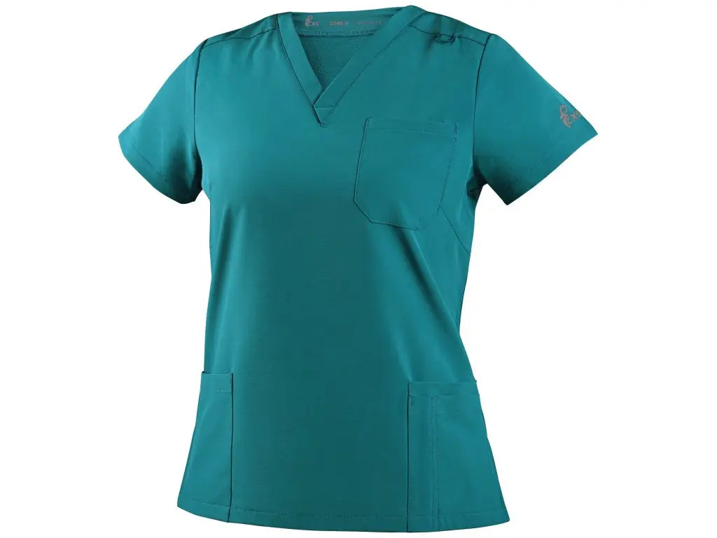 Casacca sanitaria donna CORE-X verde ospedaliero in tessuto elasticizzato 4-Way Stretch con scollo a V e tasche funzionali - Vista frontale.