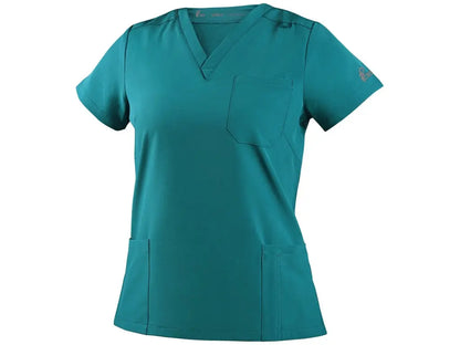 Casacca sanitaria donna CORE-X verde ospedaliero in tessuto elasticizzato 4-Way Stretch con scollo a V e tasche funzionali - Vista frontale.