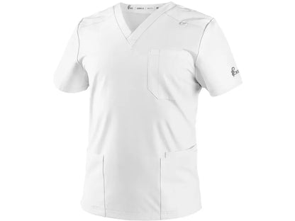 Casacca sanitaria uomo CORE-X bianca in tessuto elasticizzato 4-Way Stretch con scollo a V e tasche funzionali - Vista frontale.