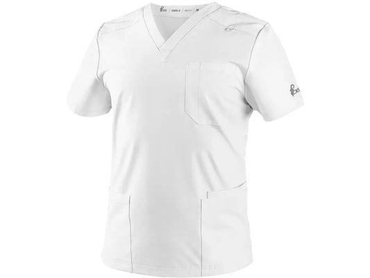 Casacca sanitaria uomo CORE-X bianca in tessuto elasticizzato 4-Way Stretch con scollo a V e tasche funzionali - Vista frontale.