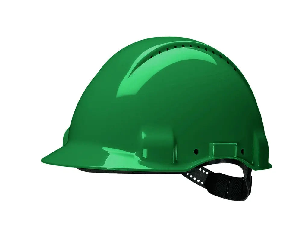 Elmetto 3M G3000 con bardatura reversibile 180° per spazi ristretti. Colore Verde