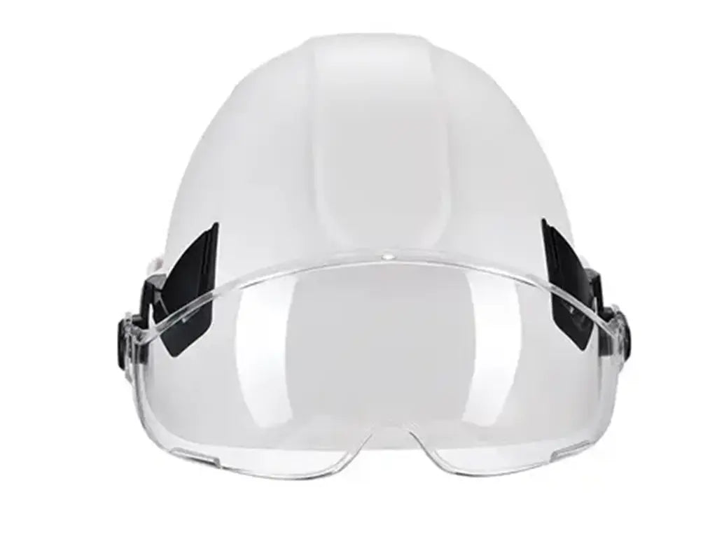 Elmetto ventilato con sottogola a 4 punti e bardatura 6 punti.  Vista frontale con visiera