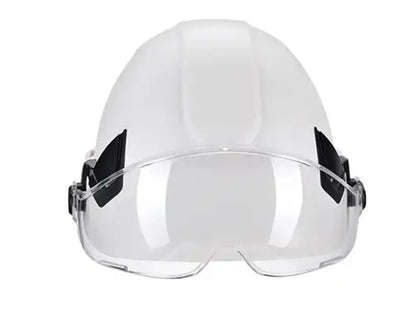 Elmetto ventilato con sottogola a 4 punti e bardatura 6 punti.  Vista frontale con visiera