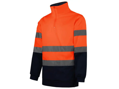 Felpa Alta Visibilità bicolore  Arancio-Blu con mezza zip, interno in pile spazzolato, bande riflettenti cucite, Classe 2.  