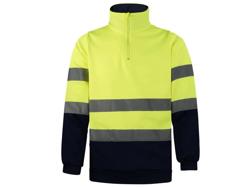 Felpa Alta Visibilità bicolore  Giallo-Blu con mezza zip, interno in pile spazzolato, bande riflettenti cucite, Classe 2.  Vista frontale