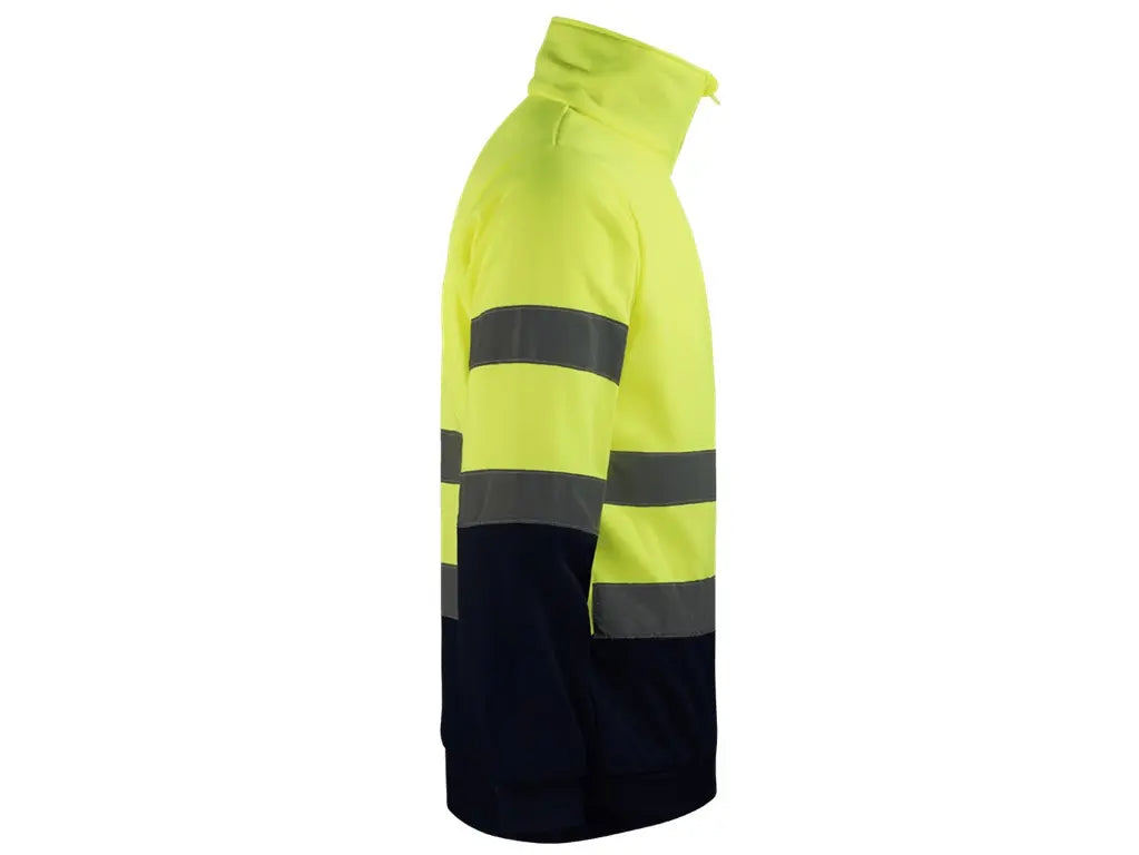Felpa Alta Visibilità bicolore  Giallo-Blu con mezza zip, interno in pile spazzolato, bande riflettenti cucite, Classe 2.  Vista laterale